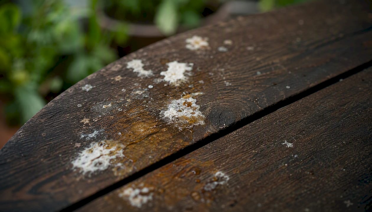 Natürliche Flecken auf einem alten, verwitterten Holztisch