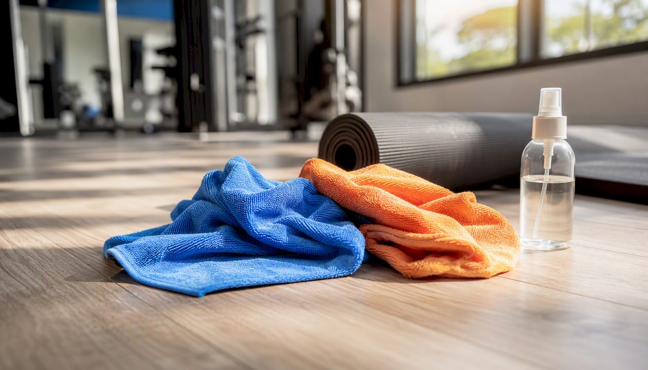 Neben der Fitnessmatte liegen zwei Mikrofaser-Tücher bereit.