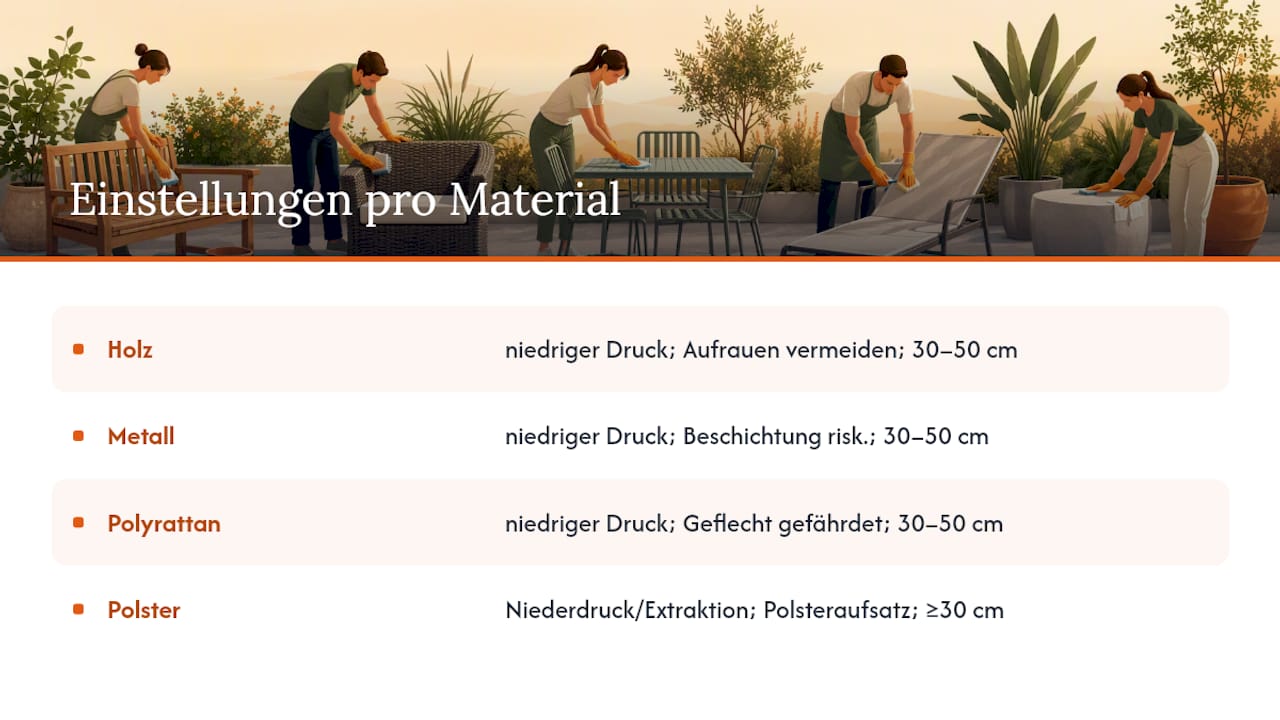 Übersicht der empfohlenen Einstellungen am Hochdruckreiniger für verschiedene Gartenmöbel-Materialien