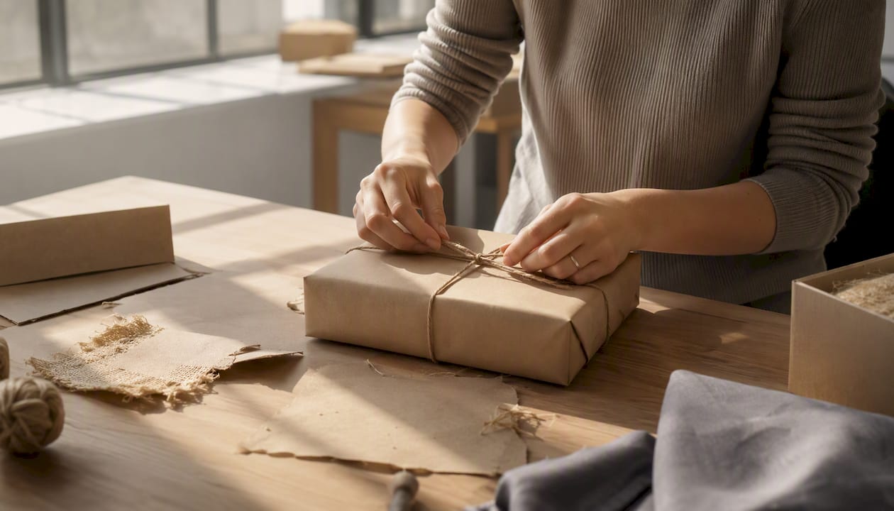 Hände, die umweltfreundliche Verpackungen sorgfältig einwickeln