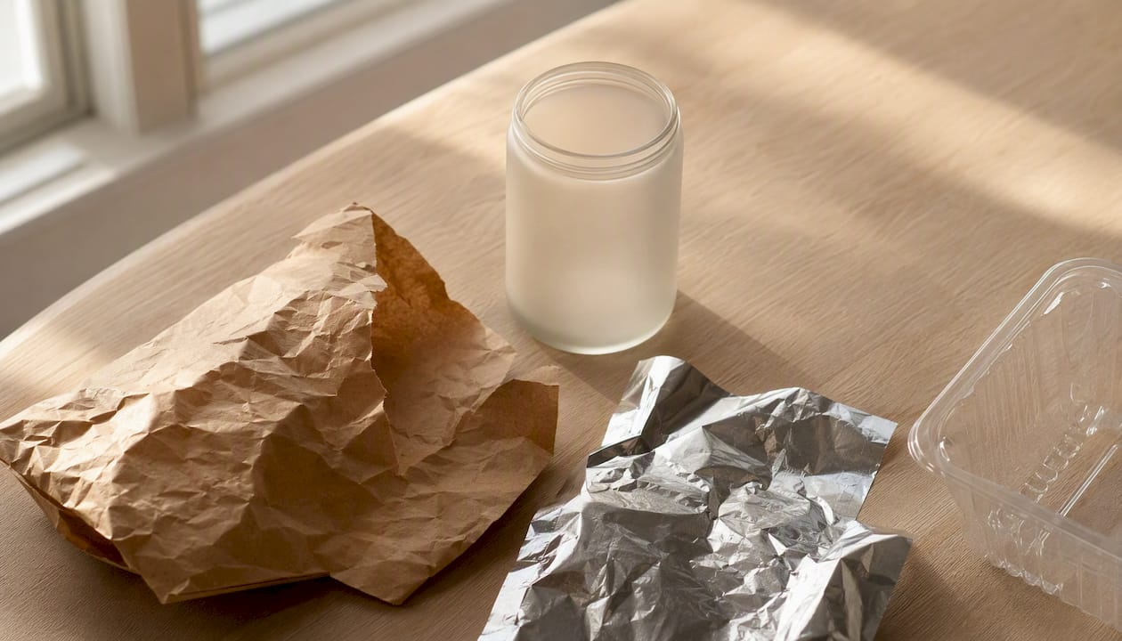 Verschiedene Verpackungsmaterialien wurden übersichtlich ausgebreitet.