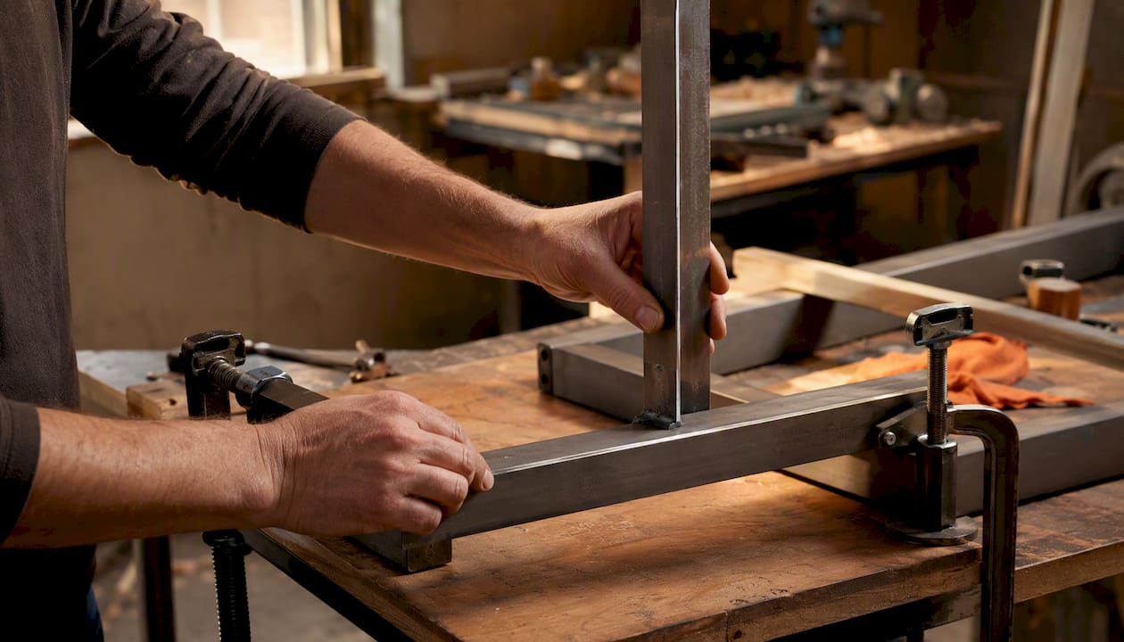 Mit geschickten Händen werden die Metallrahmen des Terrassentischs sorgfältig ausgerichtet, damit die Winkel perfekt passen.