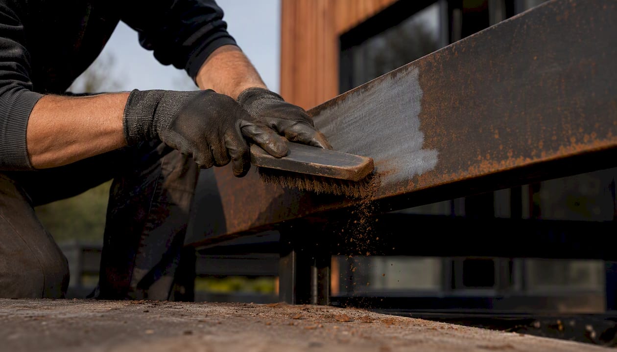 Mit Handschuhen wird lose Rostschicht sorgfältig abgekratzt.