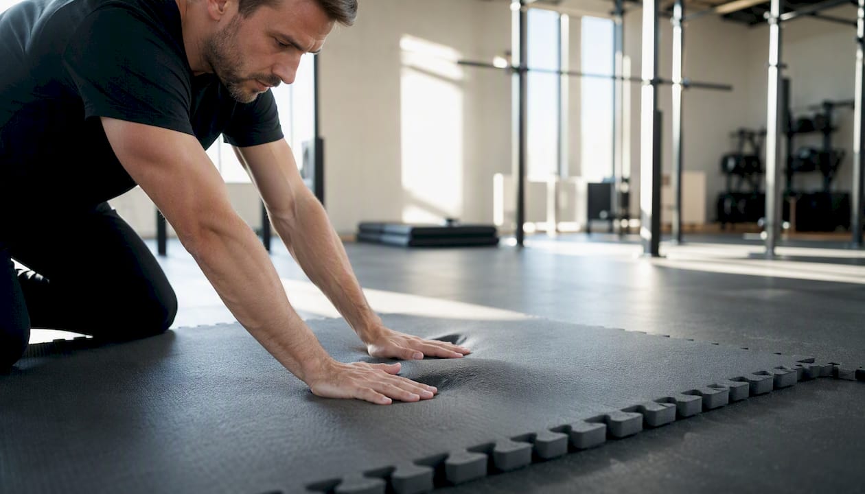 Ein Trainer drückt auf die Turnmatte, um zu demonstrieren, wie stabil und fest sie ist.