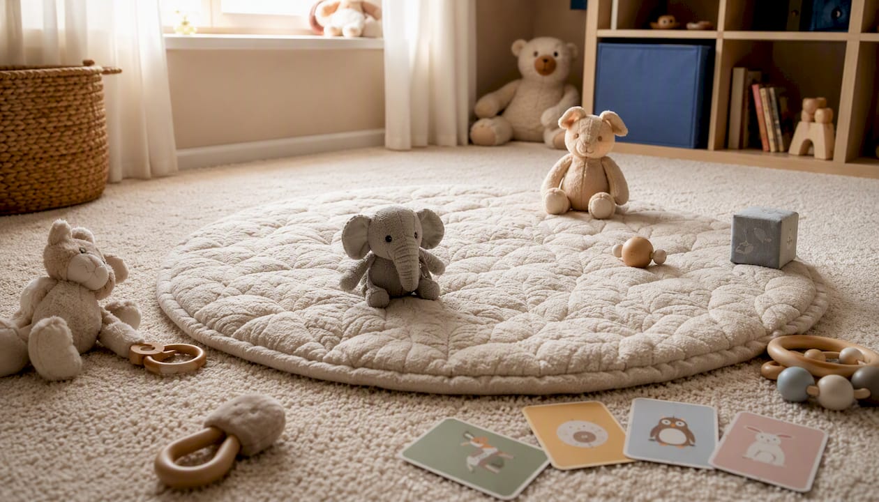 Spieldecke für Babys mit integriertem Spielzeug und liebevoll gestalteten Meilensteinkarten