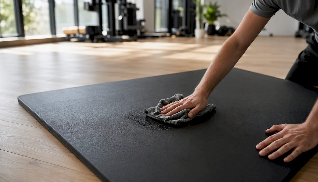 Mit einem Tuch wird die Fitnessmatte gründlich abgewischt.
