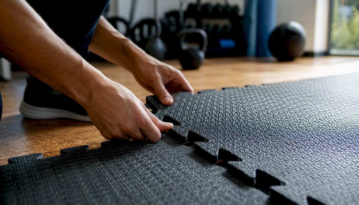 Nahaufnahme: Zwei Hände fügen Puzzlematten aus Schaumstoff nahtlos zusammen.