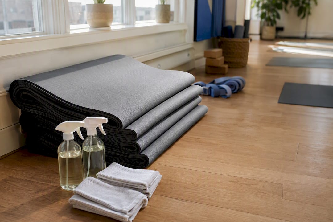 Aufeinandergestapelte Yogamatten und Reinigungsmittel