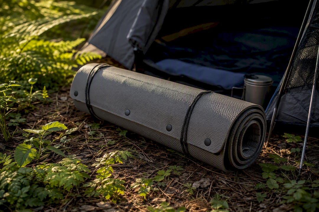 Outdoor-Multifunktionsmatte, zusammengerollt und mit praktischen Gurten fixiert