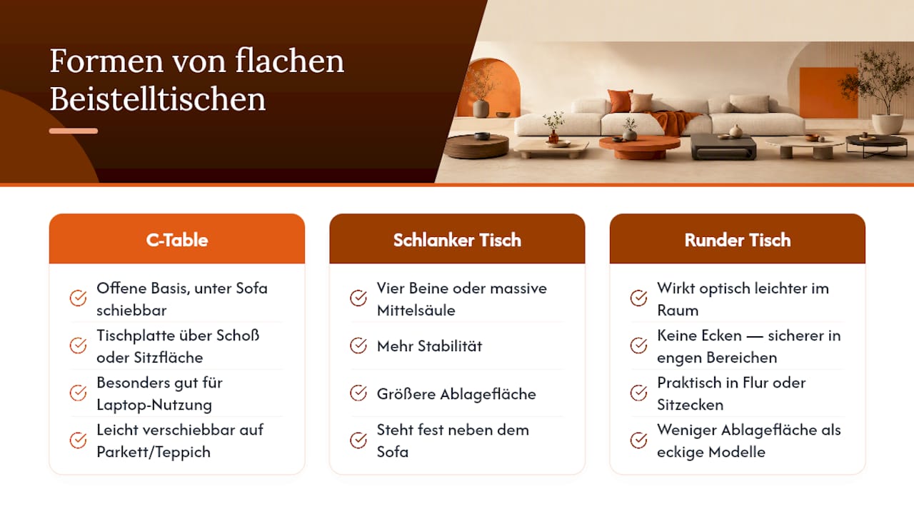 Übersicht der Typen flacher Beistelltische