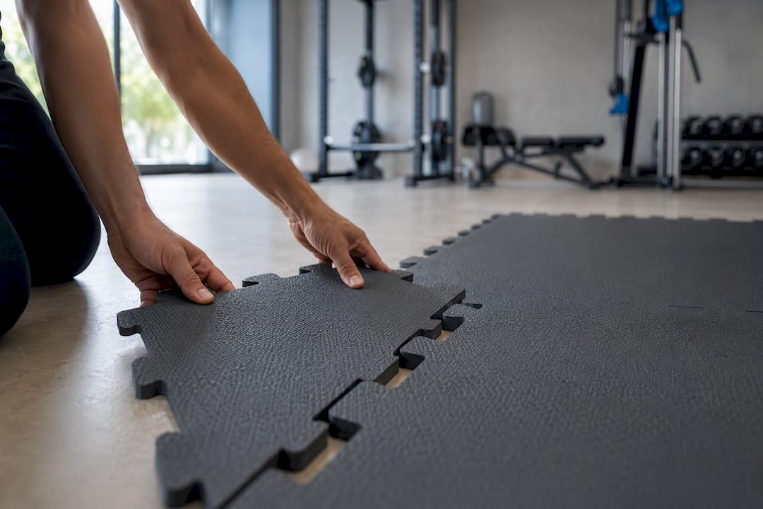 Hände verbinden Puzzlematten auf dem Trainingsboden