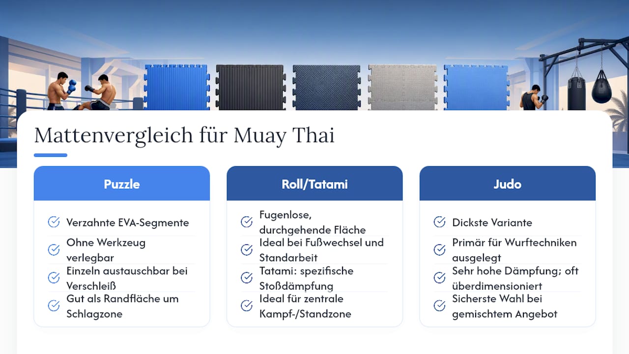 Diagramm zum Vergleich verschiedener Muay Thai Mattenarten