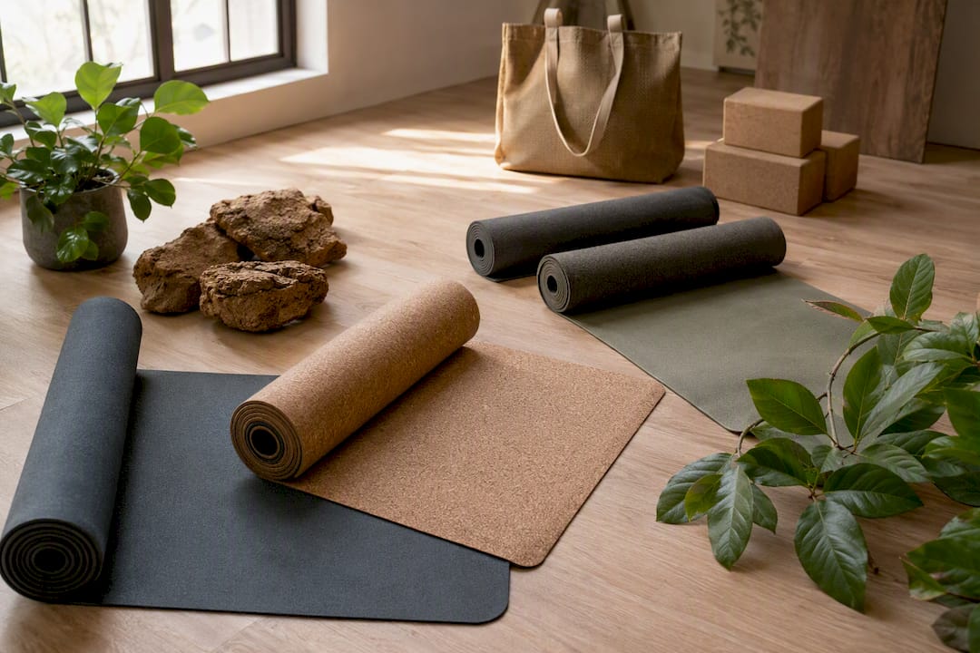 Verschiedene Yogamatten aus Naturmaterialien und TPE