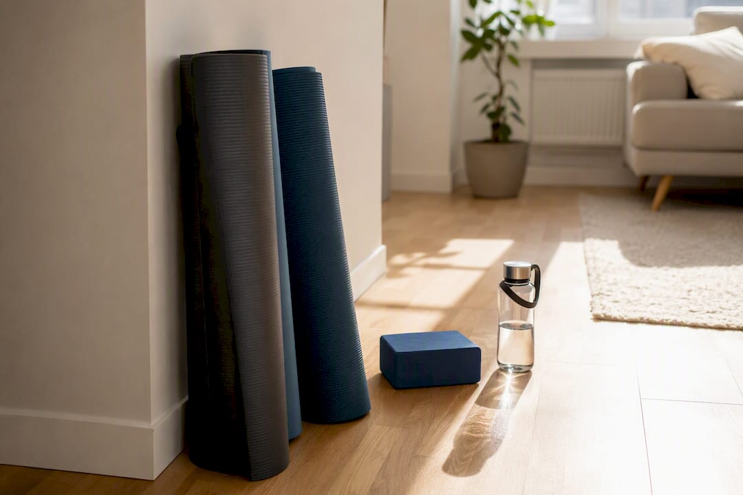 Heim-Fitnessbereich mit zusammengerollten Matten und Zubehör