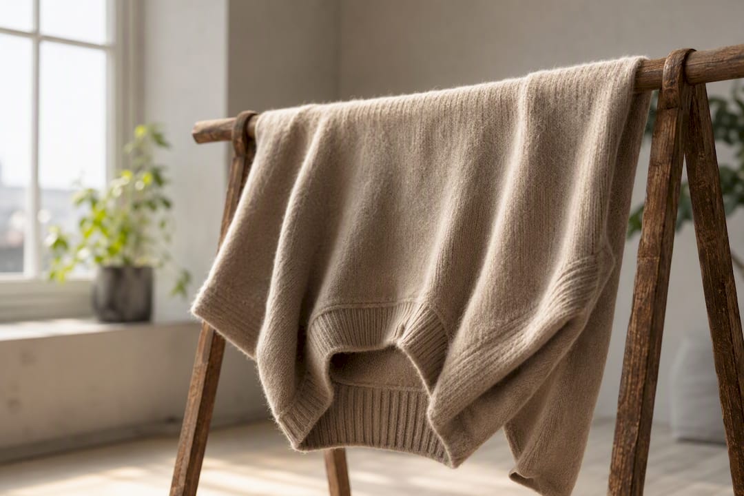 Merinowollpullover trocknet auf einem Holzgestell