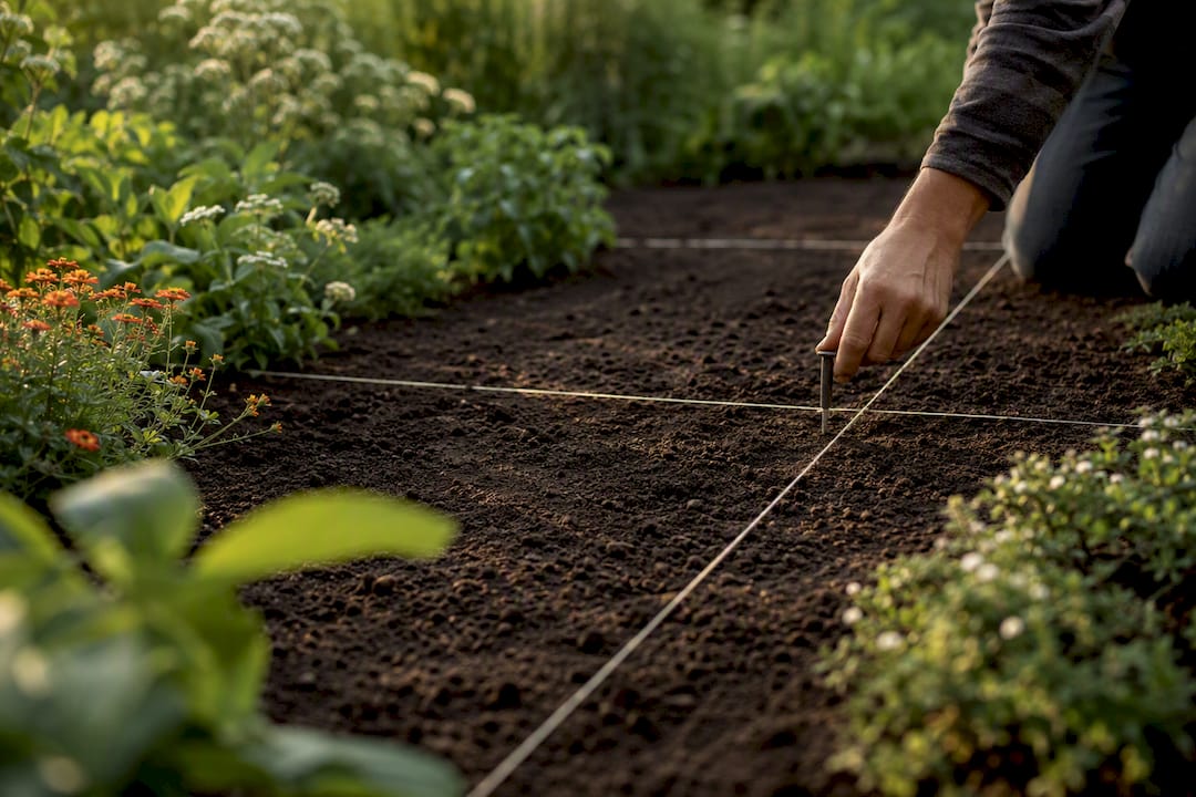 Absteckschnüre werden zur Einteilung der Gartenbereiche genutzt