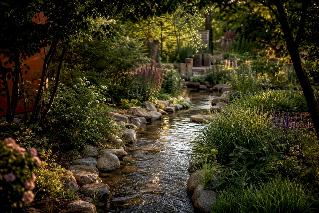 Bachlauf als Wasser-Element im großen Garten