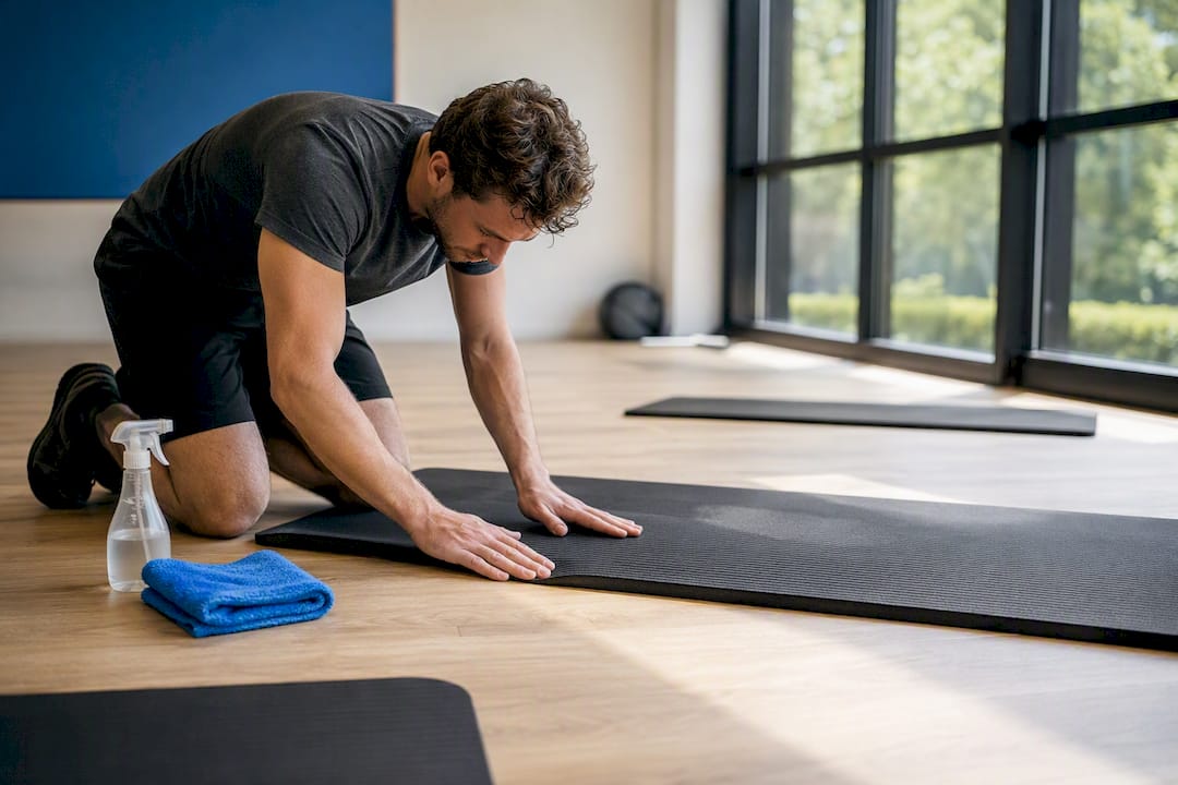 Hände prüfen und reinigen die Oberfläche einer Gymnastikmatte