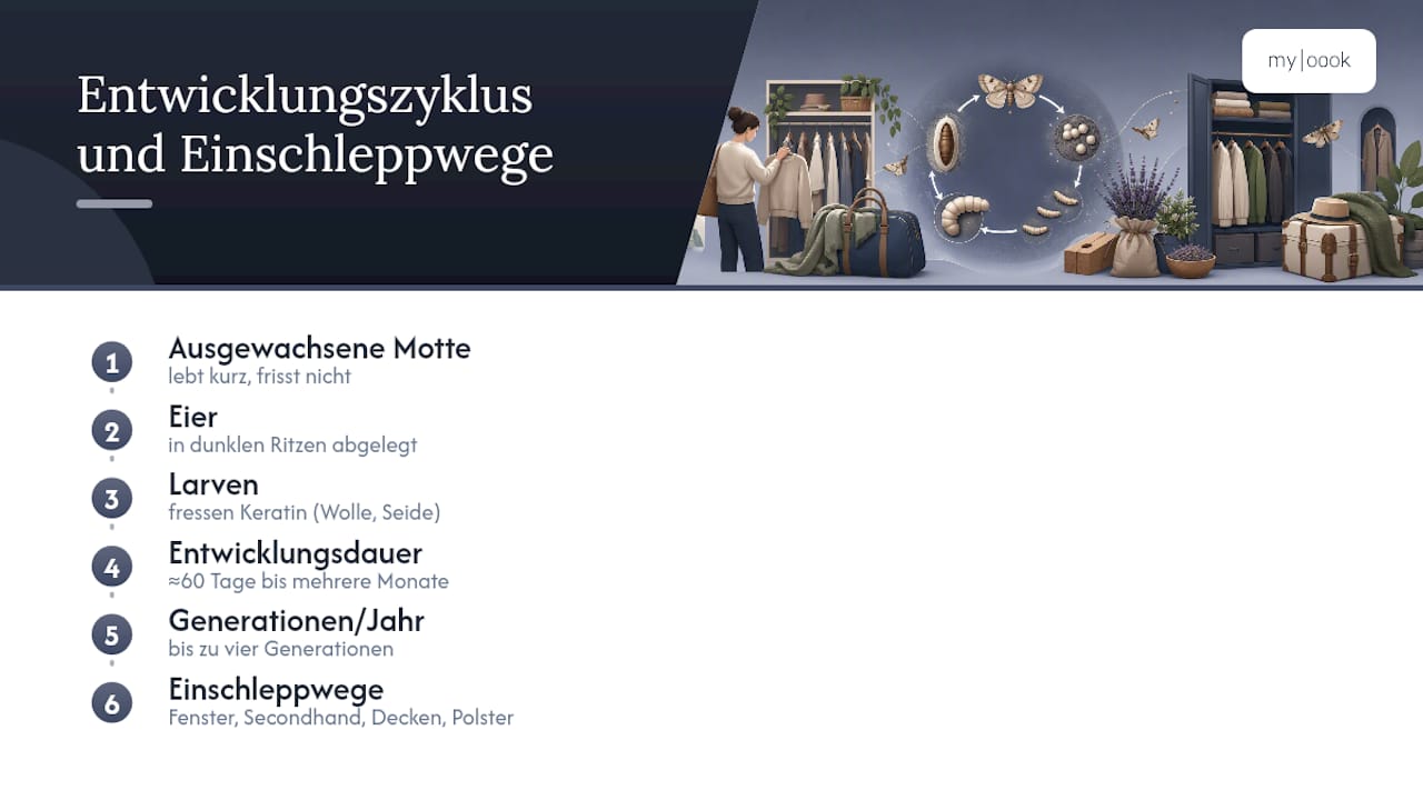 Entwicklungszyklus und Eindringwege der Kleidermotte