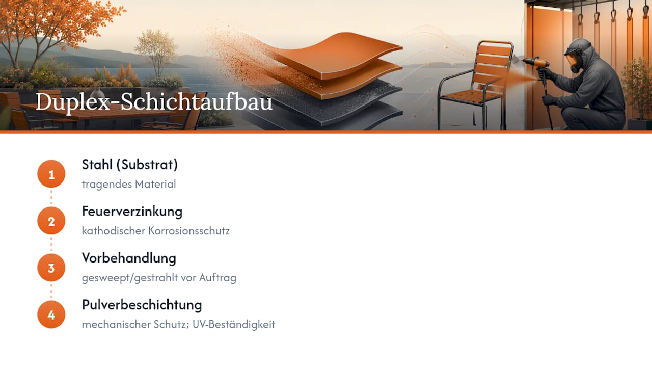 Schichtaufbau aus Stahl, Zink und Pulverbeschichtung