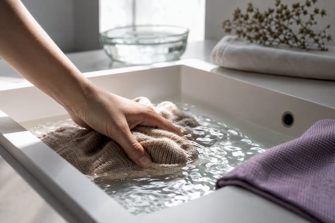 Hand wäscht behutsam ein Kaschmirstrickteil
