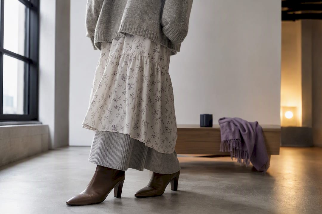 Sommerkleid in neutralem Design über warmen Winterlagen