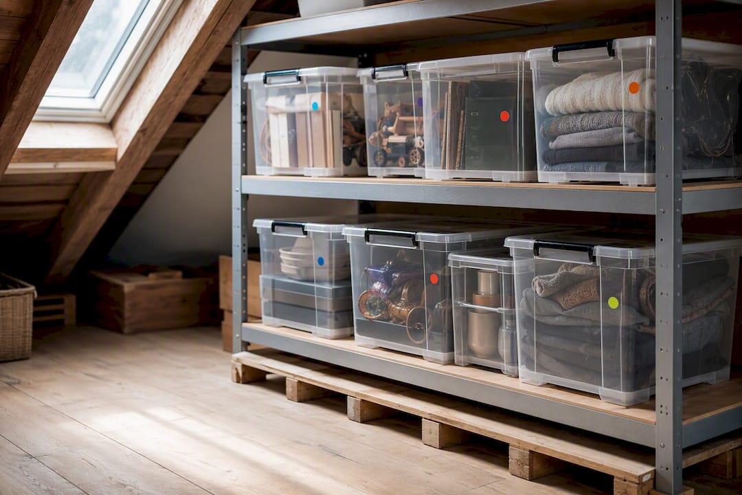 Transparente Boxen ordentlich im Regal auf dem Dachboden