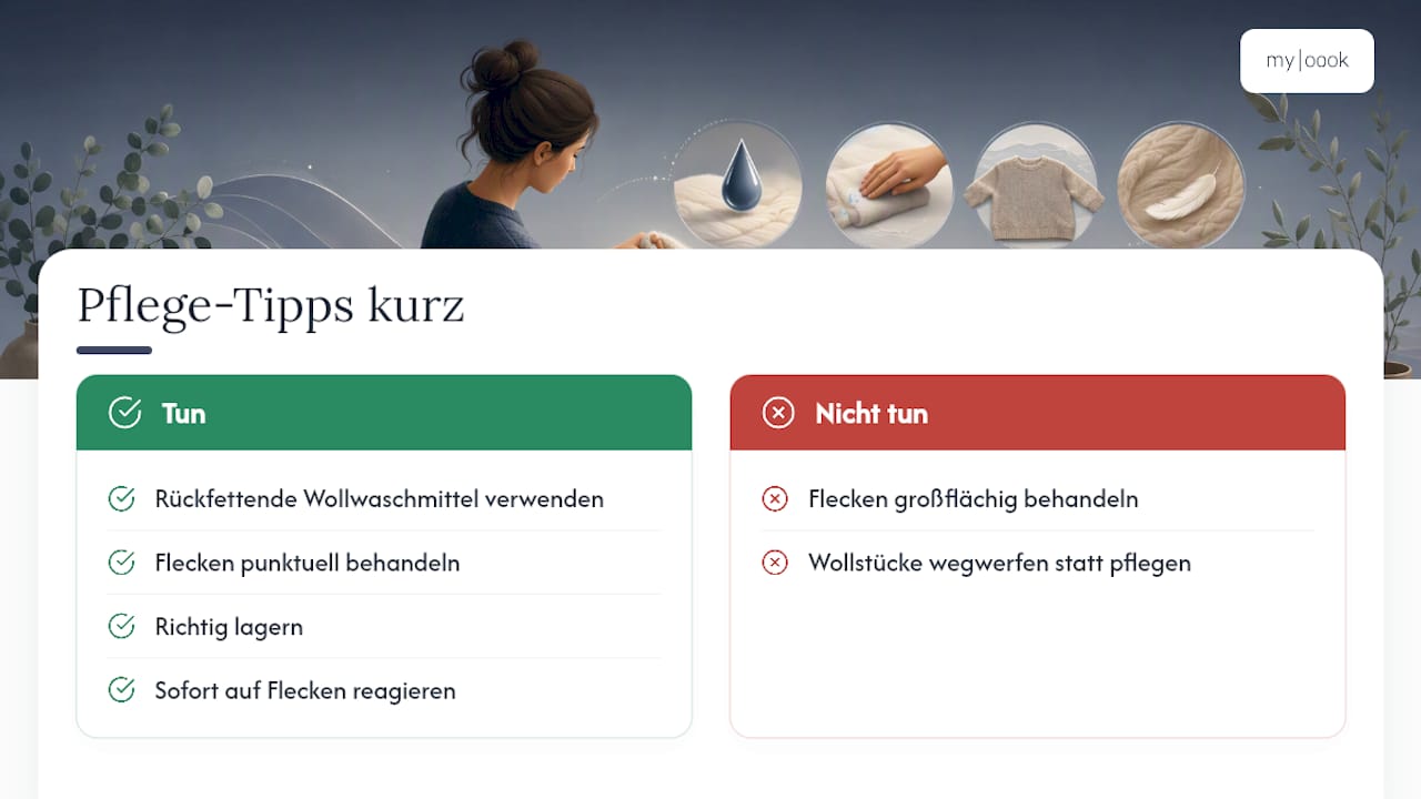 Praxis-Tipps von Myloook: Nachhaltig pflegen und Flecken vorbeugen — overview diagram