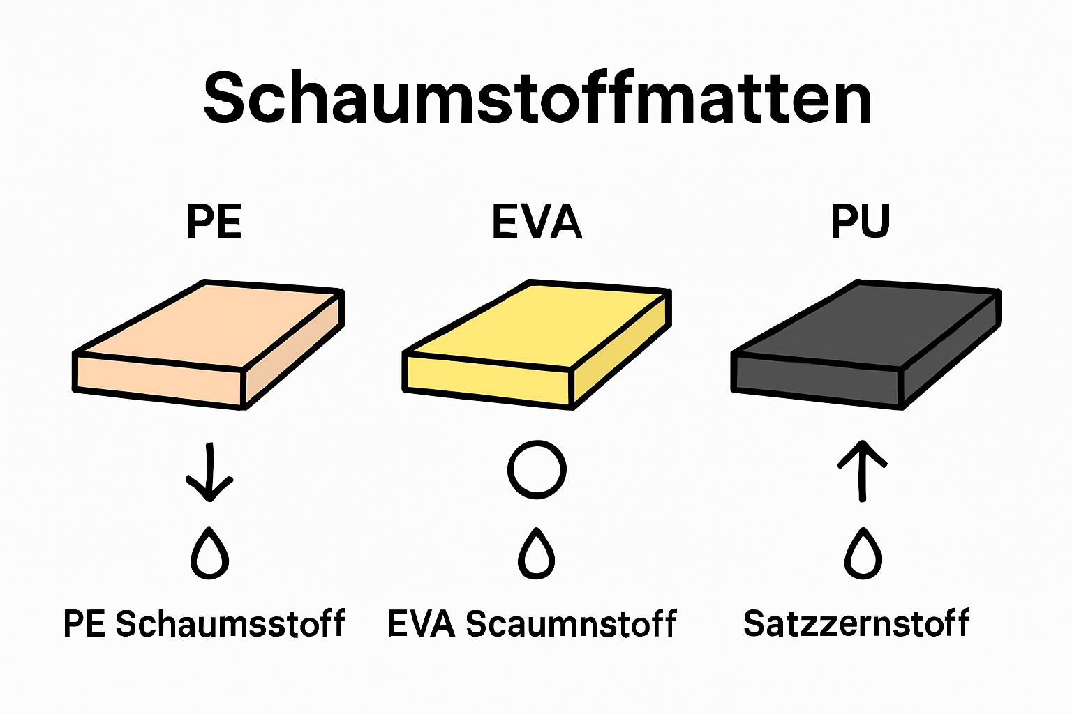 Vergleich der Materialtypen PE, EVA und PU als Schaumstoffmatten, symbolisiert mit Icons für Eigenschaften wie Härte, Flexibilität und Wasserdichtigkeit.