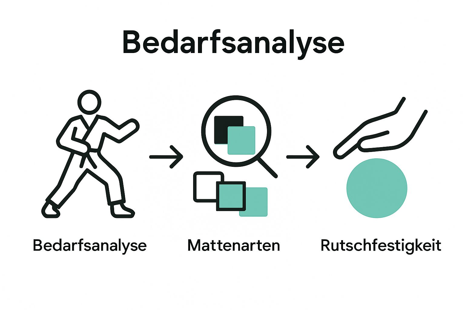 Infografik zur Auswahl sicherer Matten: Bedarf, Mattenart, Prüfung