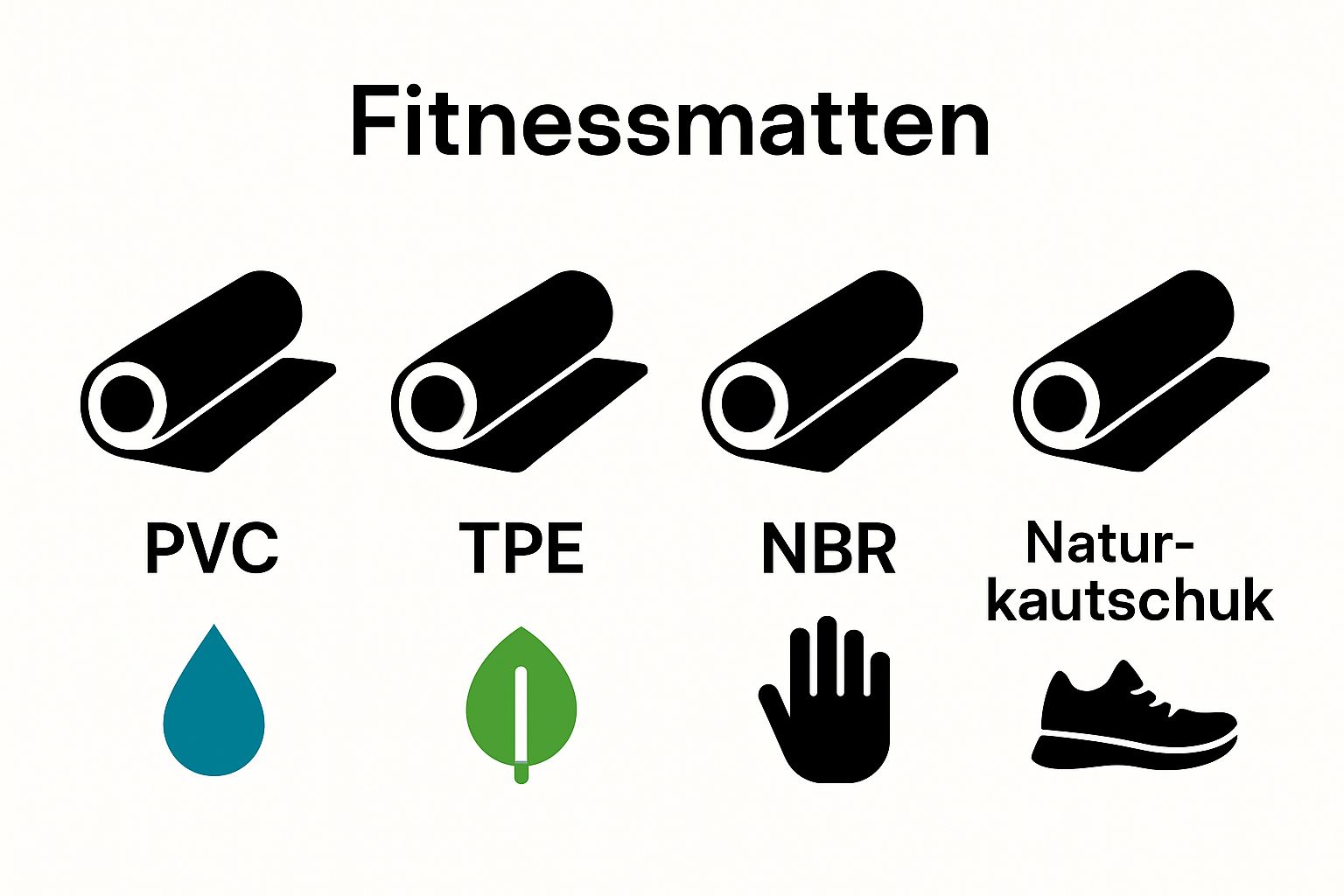 Vergleich der Hauptmaterialien von Fitnessmatten per Symbol