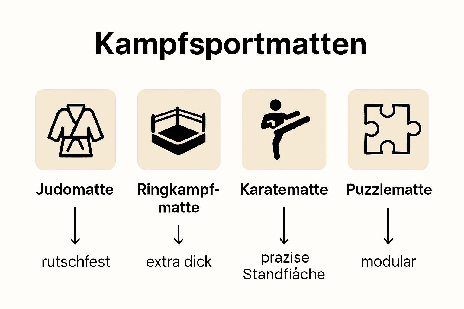 Vergleich von vier Kampfsportmatten mit Symbolen und Kerneigenschaften
