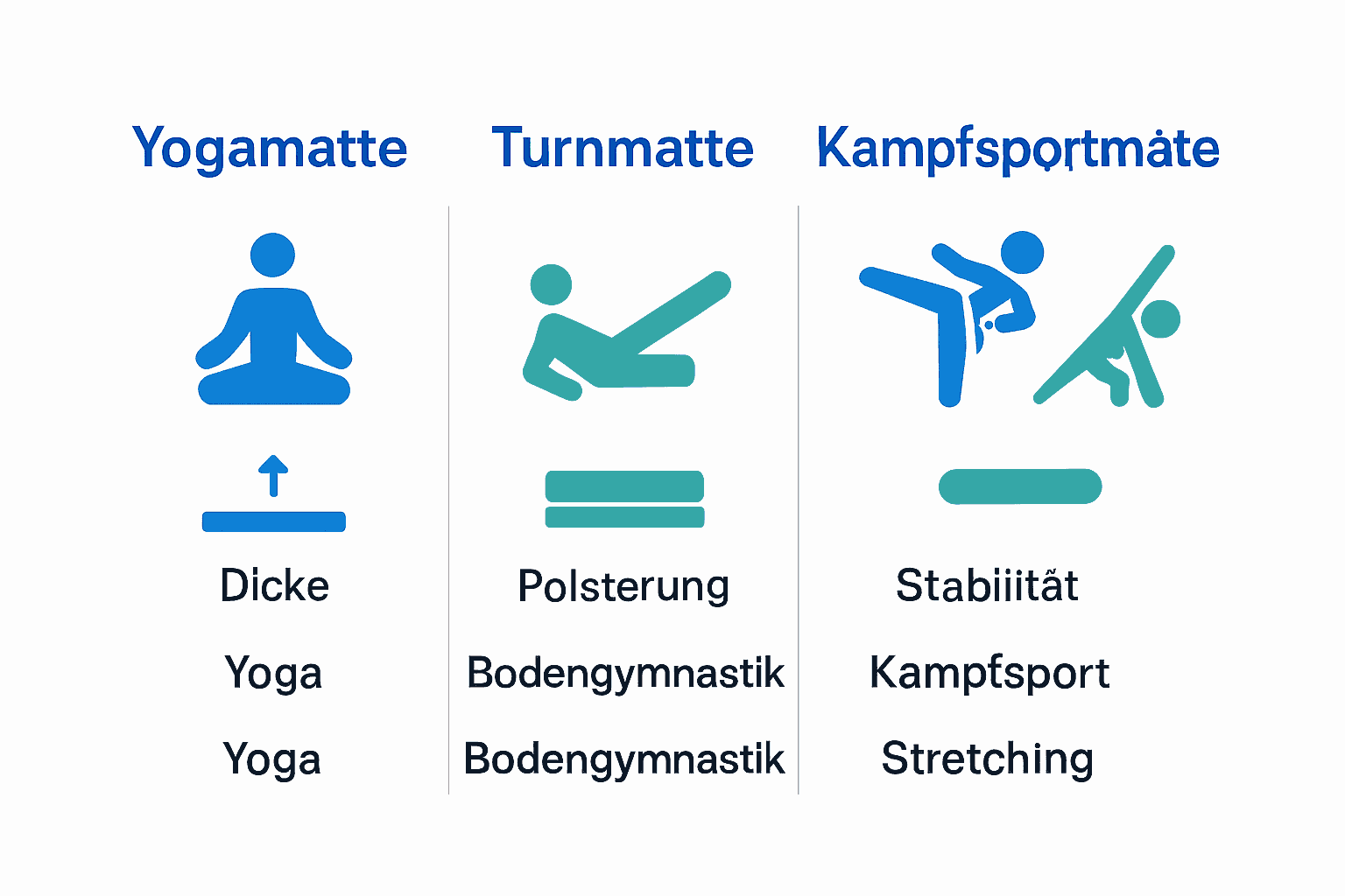 Vergleich der vier wichtigsten Fitnessmattenarten mit Symbolen für Eigenschaften und Einsatzgebiete.