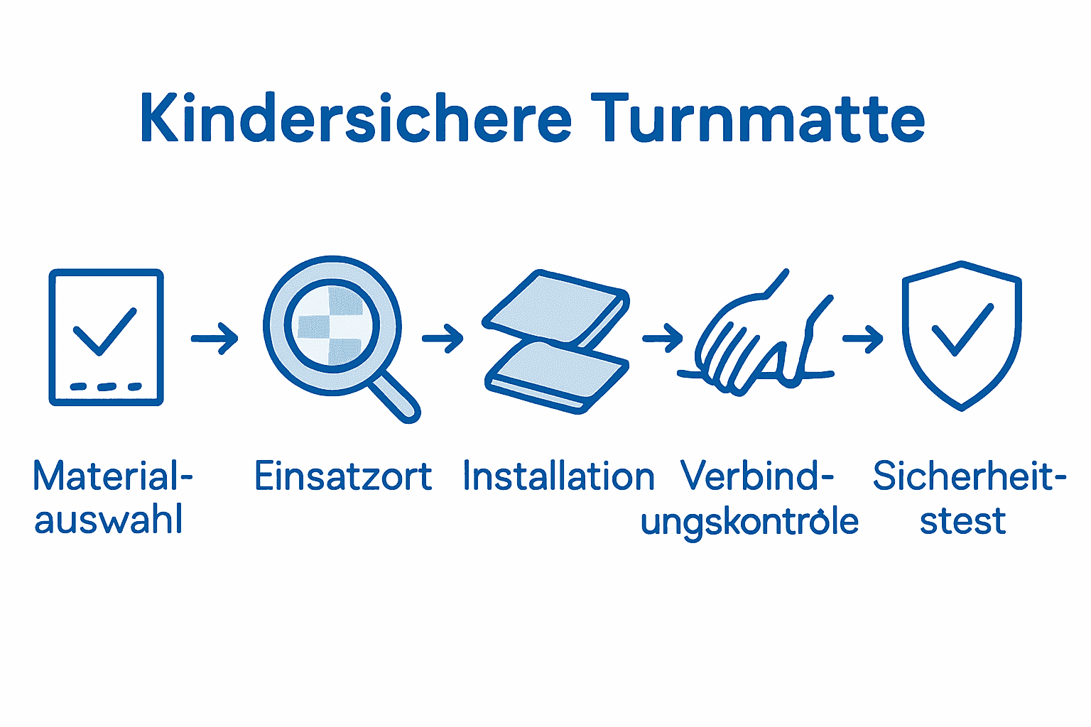 Fünf Schritte zur kindersicheren Turnmatte als Icons mit Pfeilen