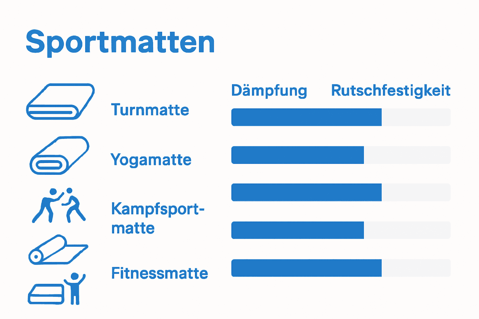 Infografik vergleicht Dämpfung, Rutschfestigkeit und Flexibilität von Sportmattenarten