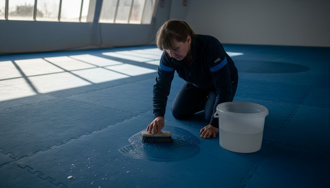 Woman cleaning martial arts mat with brush