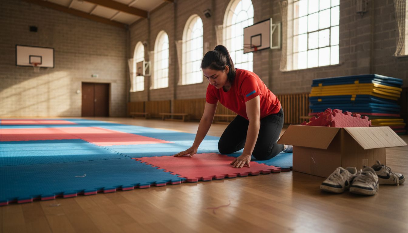 Athlete assembles judo puzzle mats on floor