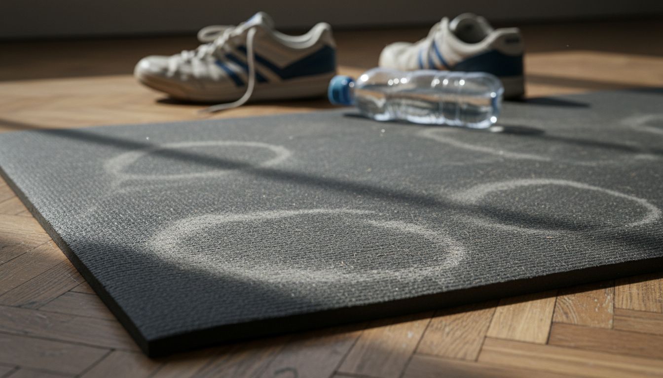 Dirty fitness mat with sweat stains and dust