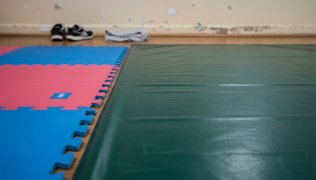 Close-up comparing puzzle and roll martial arts mats