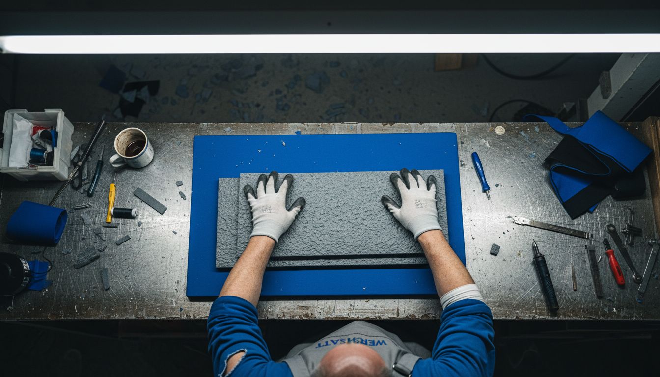 Ein Facharbeiter montiert eine Schaumstoffmatte in der Werkstatt.