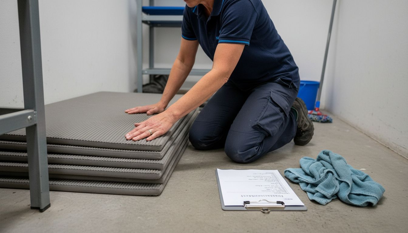 Ein Manager prüft die Materialien der Trainingsmatten auf ihre Qualität.