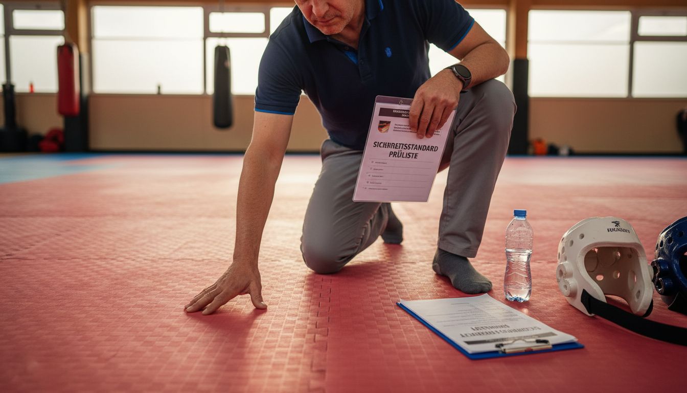 Ein Prüfer kontrolliert, ob die Kampfsportmatten den vorgeschriebenen Standards entsprechen.