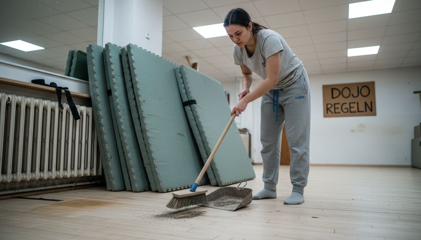 Eine Frau bereitet den Dojo-Boden vor, indem sie ihn gründlich reinigt, bevor die neuen Matten ausgelegt werden.
