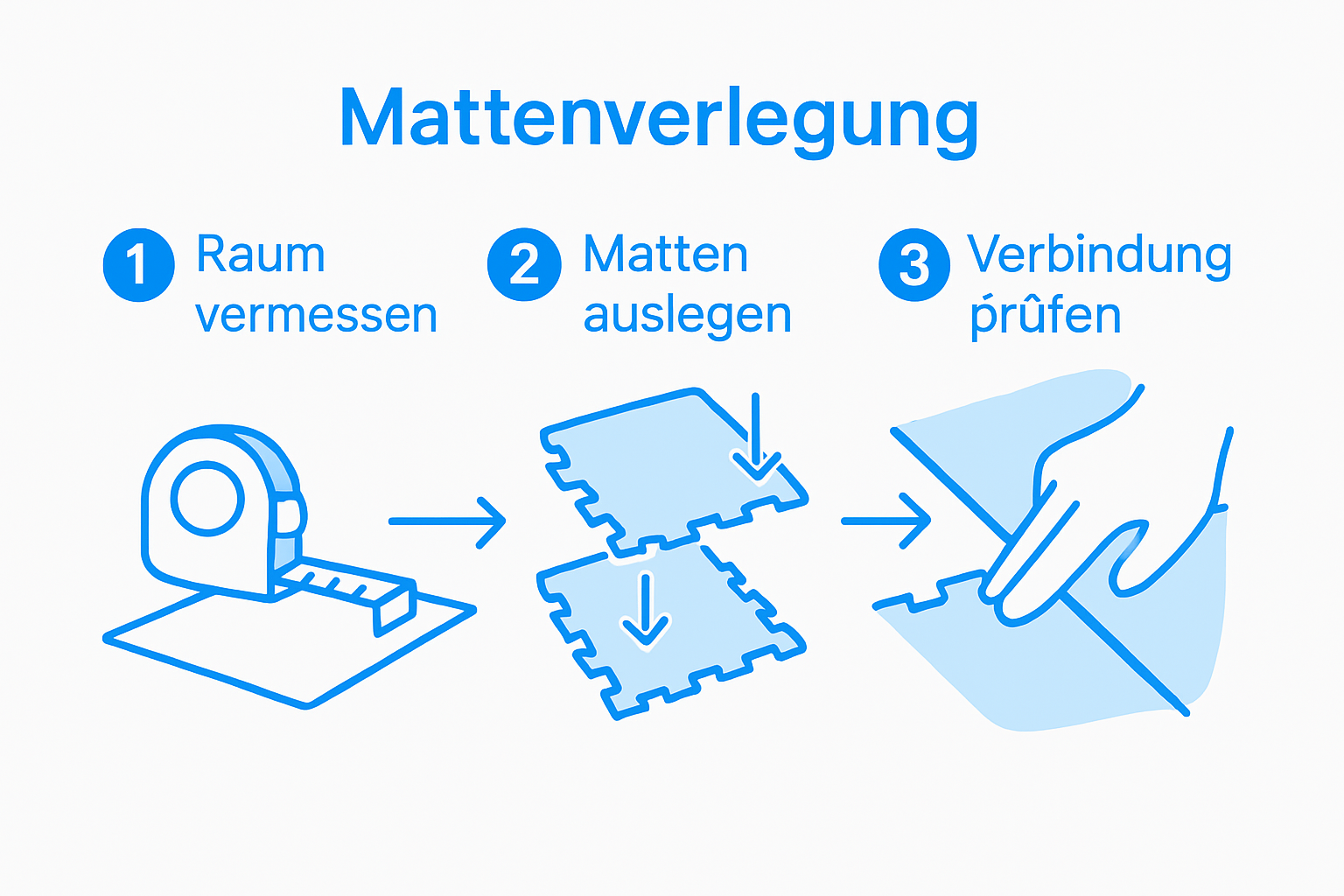 Die Infografik veranschaulicht anschaulich, wie man Dojo-Matten Schritt für Schritt richtig verlegt.