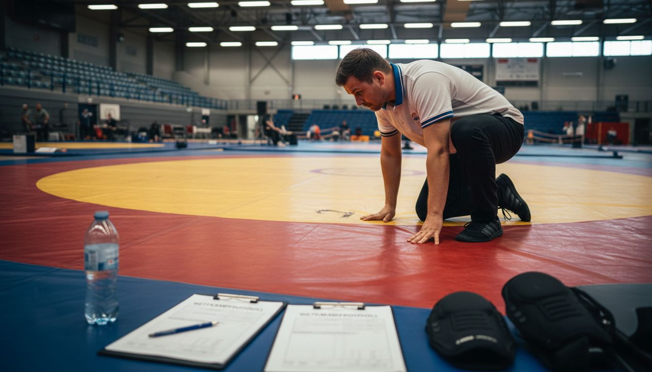 Ein Offizieller überprüft sorgfältig die Beschaffenheit der Ringerfläche.