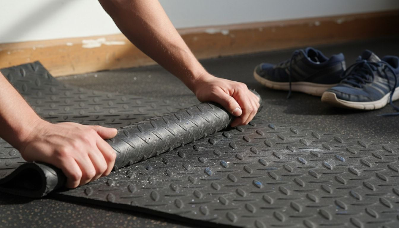 Im Fitnessstudio wird eine strukturierte Gymnastikmatte mit den Händen auseinandergezogen.