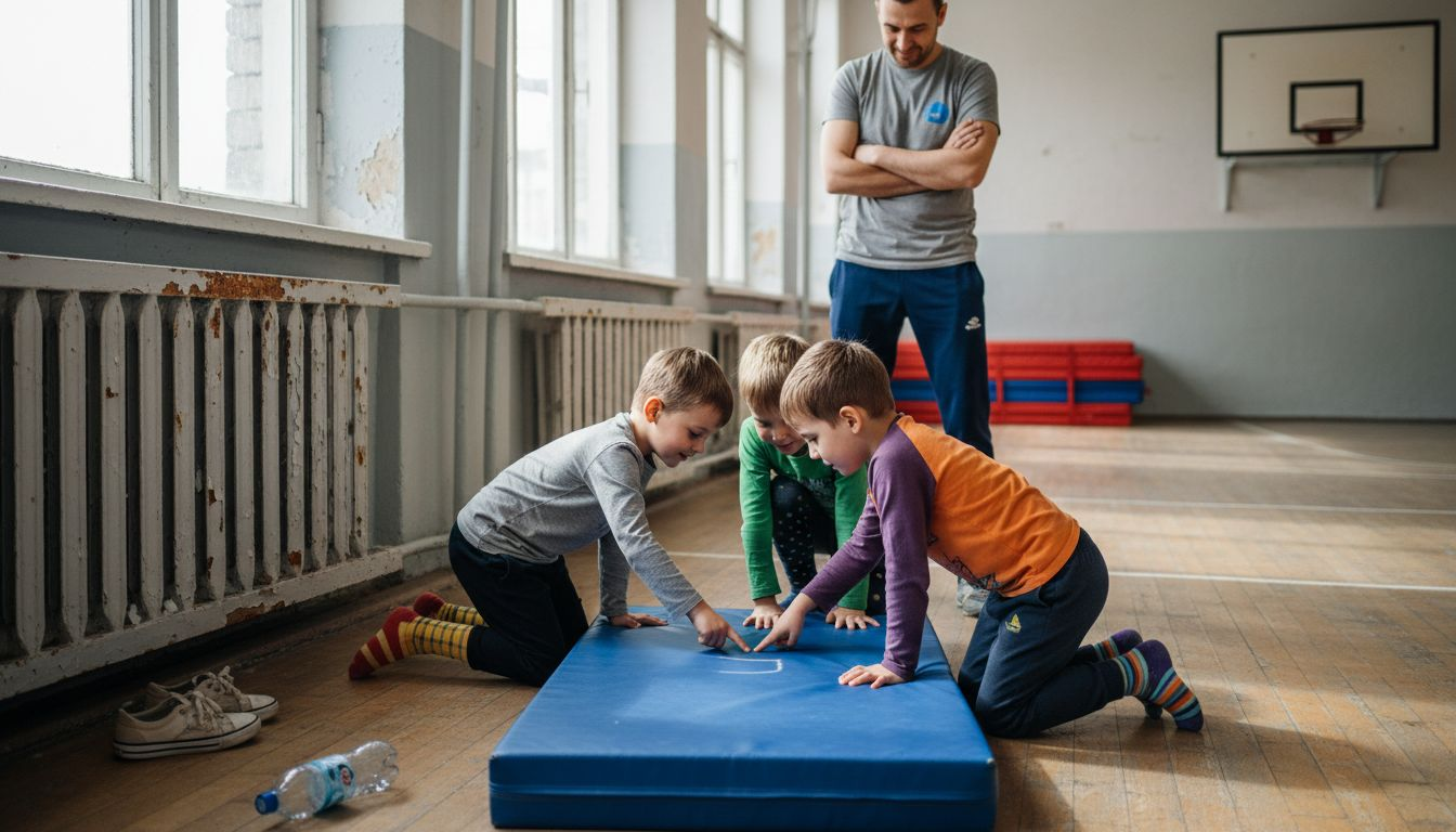 Ein paar Kinder begutachten neugierig die Turnmatte in der Ecke der Sporthalle.
