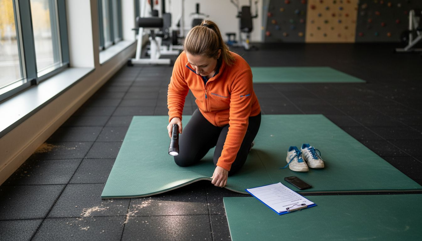 Ein Verantwortlicher begutachtet die Unterseite der Turnmatte.