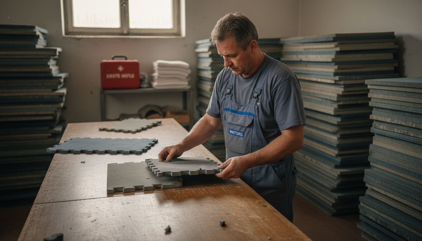 Das Team begutachtet im Vereinsraum verschiedene Muster für Mattenmaterial und vergleicht deren Qualität.