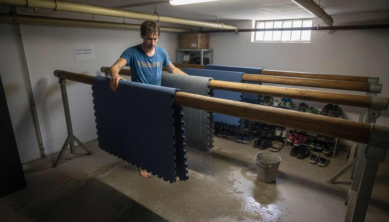 Nach dem Training werden die Matten zum Trocknen einfach aufgehängt.